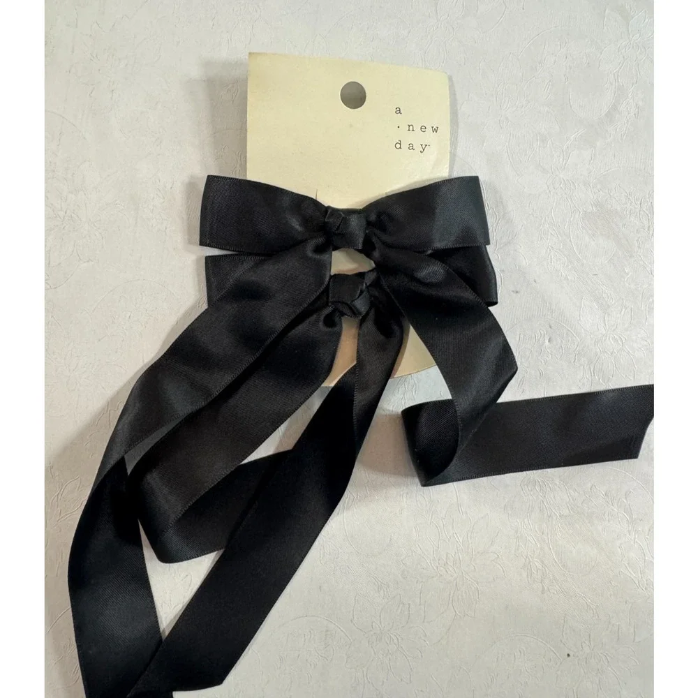 A New Day Women's Satin Long Bow Hair Clip Set 2pc Black